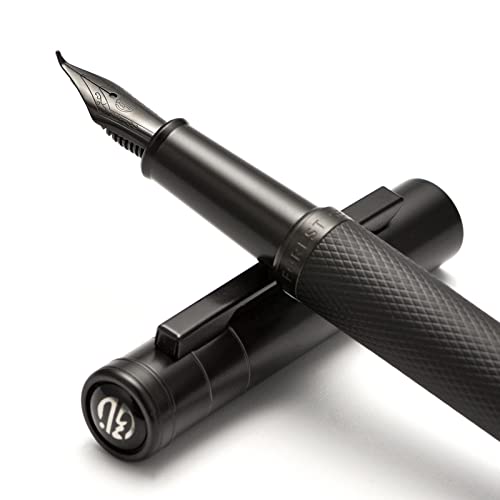 Brushed Black Forest Fude Pen, Bent Nib Calligraphy Fountain Pen (Fine to Broad) with Converter and Metal Box Set by Asvine - color: Black, style: Bent Point