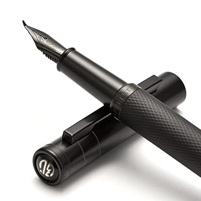 Brushed Black Forest Fude Pen, Bent Nib Calligraphy Fountain Pen (Fine to Broad) with Converter and Metal Box Set by Asvine - color: Black, style: Bent Point
