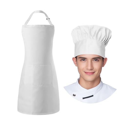 Tosewever Chef Apron Hat Set for Women and Men, Adjustable Bib Apron with 2 Pockets Costume Apron for Father Kitchen Cooking - color: White