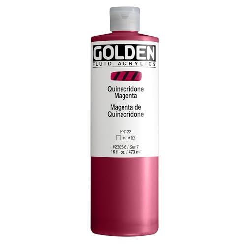GOLDEN Fluid Acrylics, Quinacridone Magenta, 16 fl. oz. Bottle | Artist grade acrylic paint with rich pigment load and a flowing constency useful for even coverage and fine details.