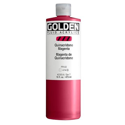 GOLDEN Fluid Acrylics, Quinacridone Magenta, 16 fl. oz. Bottle | Artist grade acrylic paint with rich pigment load and a flowing constency useful for even coverage and fine details.
