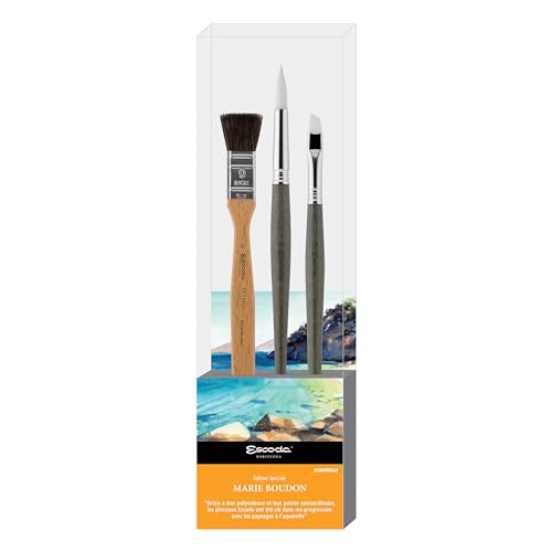 Escoda | Watercolour | Artist Set Marie Boudon | Size 9,10,14 | 3 Brushes | Synthetic White Toray + Tendo | Mottler + Angular + Round Pointed - color: Marie Boudon, size: Artist Set