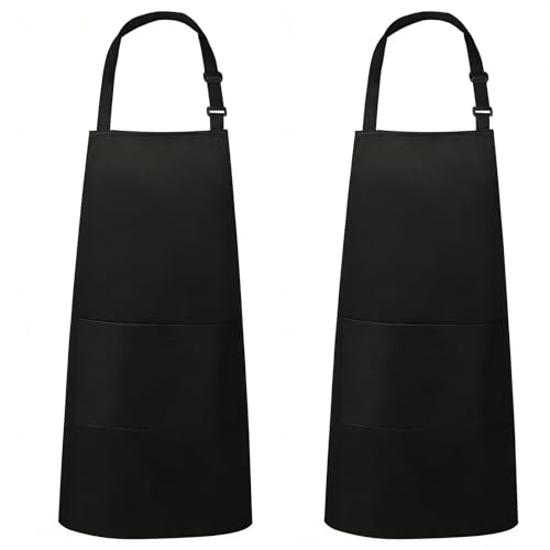 VALOME 2 Pack Kitchen Aprons with Pockets, Cooking Chef Apron for Men Women | Adjustable Neck Strap, Unisex Bib Soft Aprons, Cotton-Blend, for Grilling Cooking Gardening Baking - color: Pure Black & Black