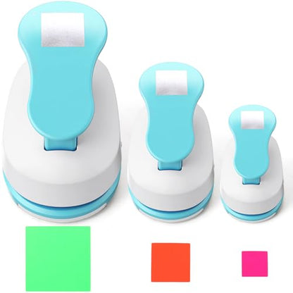 CHENGU 3 Pack Square Hole Punch 2"/1"/0.6", Blue | Paper Craft Cutters for Card Making, Shape Punches for Scrapbooking, Includes 10 Sheets Stickers, Photo Album DIY Projects - color: Blue, style: Square