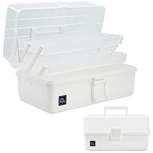 Creahaus 13 inch Art Craft Organizer Storage Box with 3 Layer, Multipurpose Plastic Tool Box with Handle for Sewing, Art Supply, Medicine, Nail, Hair Accessories (White) - color: White