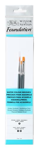 Winsor & Newton Foundation Watercolour Brush Set, SH, Round & Flat, 3 Pack - size: Round 3, Flat 1 & 2