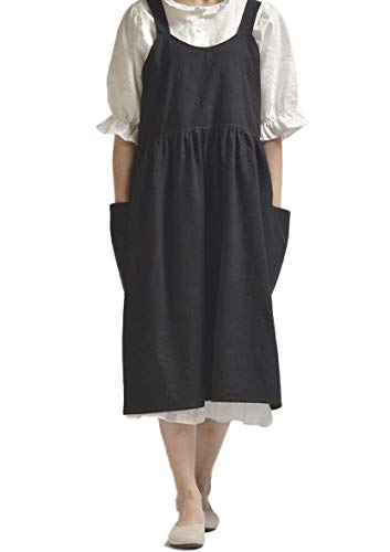 Women Girls Cross Back Apron Gardening Works Cotton Aprons Pinafore Dress - color: Black