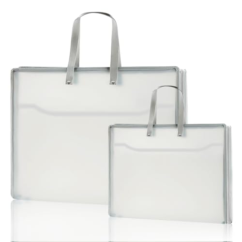 Plastic Art Portfolio with Zipper and Divider, Large Waterproof Art Storage Folder with Handles for Artwork, Sketches, Drawings, Photography, and Posters (White, Large + Medium)