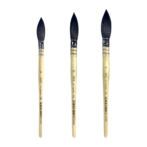 XDT#920 Round Watercolor Artist Paint Brush 3 Piece Set Medium Soft Black Goat Hair Long Handle #8#10#12, Mop Style Paint Brush for Watercolor & Acrylic & Oil - size: Goat Hair Big