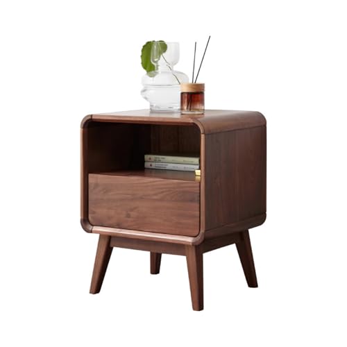 100% Solid Walnut Nightstand with Drawer, Mid-Century Nightstand with Open Storage, Wood Bedside Table for Bedroom,(19.68" H) - color: Walnut 1 Drawer, size: 1 PACK