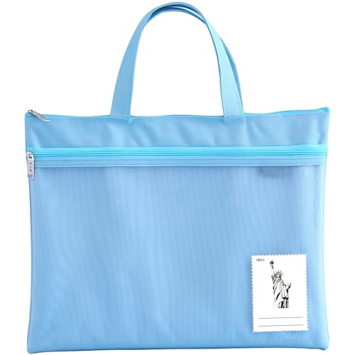 Mesh Zipper Pouch, 13.7" x 11" Large Art Portfolio Bag with Handle Foldable Storage Pocket Compatible with A4 Paper Size for Puzzle Project/Cross Stitch/Travel/Office/Art Supplies (Blue) - color: Blue