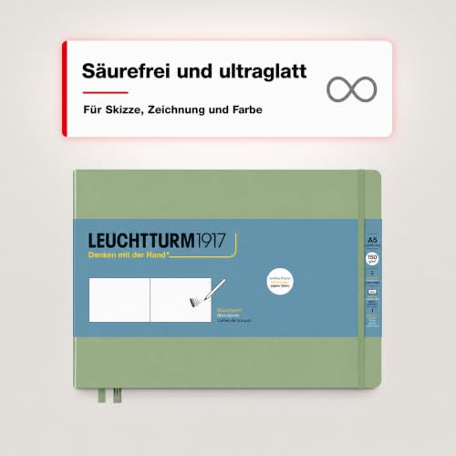 Leuchtturm1917 - Medium Landscape Hardcover Sketchbook (Sage) - 112 Pages of 150g/m² Paper | 150 g/m² drawing cardboard, blank, 112 pages, thread binding, folding pocket, bookmark, elastic closure, acid-free - color: Sage, size: Medium Landscape (A5)