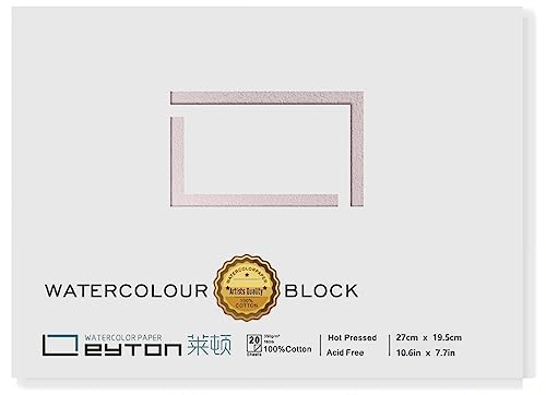 Non-Warping 100% Cotton Watercolor Paper Block - 20 Sheets of 160lb/350gsm Hot Press Water Color Art Supplies for Wet, Dry, and Mixed Media Painting, for Watercolor, Gouache, Acrylic (10.6 x 7.7'') - color: Hot Press White, size: 10.6 x 7.7''