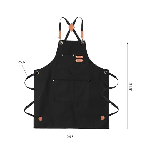 Chef Aprons for Men Canvas Apron with Large Pockets and Adjustable Neck Strap for Cooking,BBQ, Gardening - color: Black