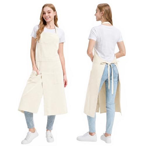 Molaxhome Split Pottery Apron with 3 Pockets Unisex with Adjustable Strap | Cotton Blend,Kitchen Apron,for Ceramics,Gardening,Kitchen Cooking - color: Beige