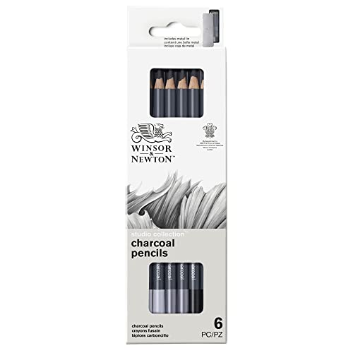 Winsor & Newton Studio Collection, 6 Count, Charcoal Pencils | Mixed Grade Charcoal Pencils, Wooden Barrels, On-The-Go Tin, High Quality Core Binder, Break-Resistant Cores & Points - style: 6 Charcoal Pencils