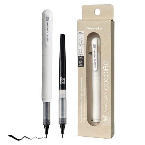 Kuretake ZIG Letter Pen COCOIRO, Body with Black Ink Refill Set, Flexible Extra Fine Brush Tip, Refillable marking Pen for Calligraphy, Hand Lettering, Made in Japan (WHITE, Black) - color: WHITE