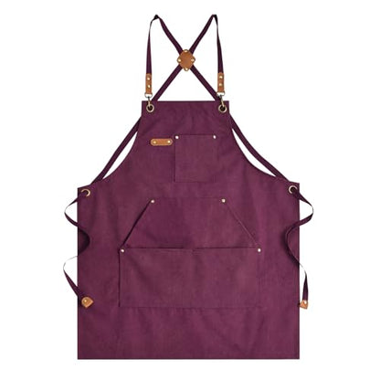 Aoomzoon Canvas Aprons for Men Chef Apron, Work Apron with Large Pockets - 16oz Heavy Duty Cross Back, BBQ, Cooking - color: Red