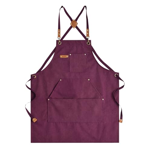 Aoomzoon Canvas Aprons for Men Chef Apron, Work Apron with Large Pockets - 16oz Heavy Duty Cross Back, BBQ, Cooking - color: Red