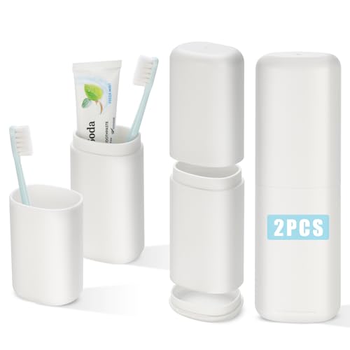 Travel Toothbrush and Toothpaste Case,Portable White Tooth Brush Holder,Large Toothbrush Container with Mouthwash Cup,2 in 1 Toothbrush Organizer for Traveling,Camping,School,Home -2PCS - color: White