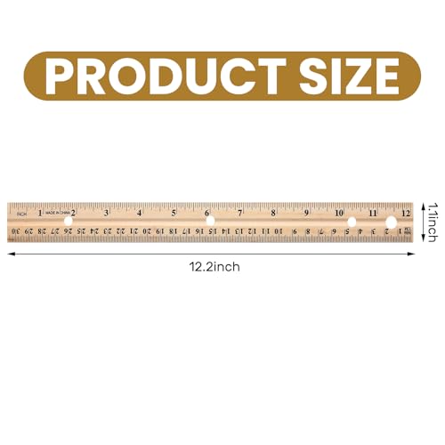 12 Pack Wood Rulers Dual Scale Student Ruler 12 Inch/30 cm | Wooden Measuring Ruler 4 Hole, 12 Inch Ruler Bulk for School Office, Classroom Drafting Supplies, 2 Scale Straight Metal Edge