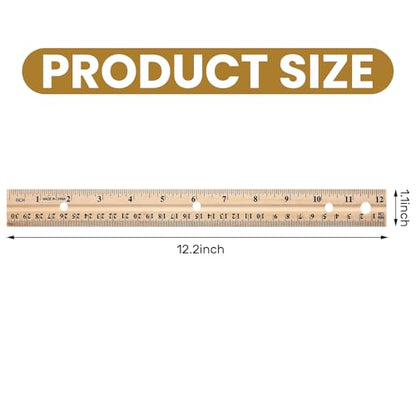 12 Pack Wood Rulers Dual Scale Student Ruler 12 Inch/30 cm | Wooden Measuring Ruler 4 Hole, 12 Inch Ruler Bulk for School Office, Classroom Drafting Supplies, 2 Scale Straight Metal Edge