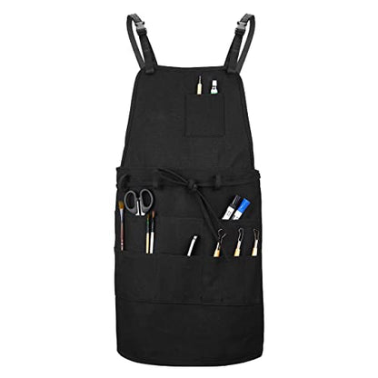 MyLifeUNIT Artist Apron, Adjustable Painting Apron with 10 Pockets for Arts and Craft, Black Canvas Pottery Apron for Women Men (Shoulder Straps Apron)