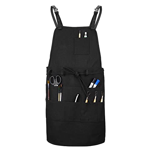 MyLifeUNIT Artist Apron, Adjustable Painting Apron with 10 Pockets for Arts and Craft, Black Canvas Pottery Apron for Women Men (Shoulder Straps Apron)