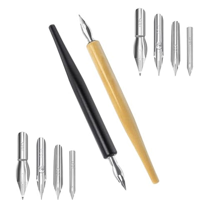 Quacc Comic Dip Pen Set, 2 Pen Holders and 10 Replacement Nibs, Wooden Calligraphy Holder with 5 Different Stainless Steel Nib for Writing, Painting, Signing