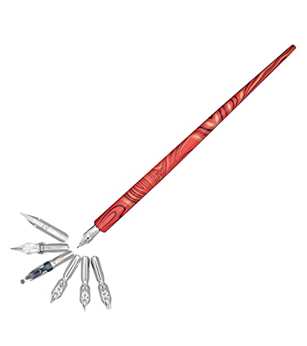 Gullor Wooden Dip Pen Calligraphy Set with Black Ink & 6 Nibs for Beginners, Kids, Writing, Signatures and Drawing, Red