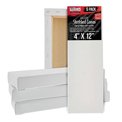 U.S. Art Supply 5-Pack Bulk White Stretched Canvas for Painting 4" x 12" Gallery Depth 1-1/2" Profile - Professional Artist Quality, 100% Cotton 12-Ounce Gesso Triple Primed for Acrylic Pouring, Oil - size: 4" x 12"