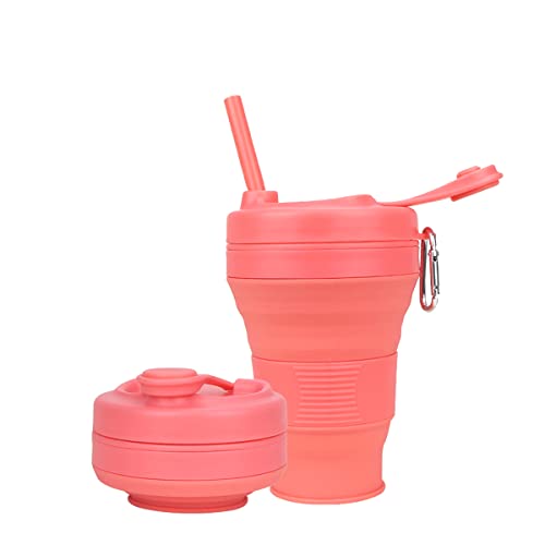 Silicone Coffee Cup with Straw lid Collapsible Cups for Traveling 20oz Lightweight Folding Water Mug for Picnic Hicking Camping Climbing - color: Orange