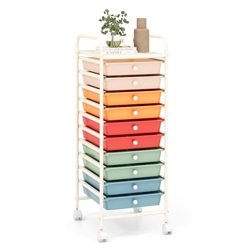 RELAX4LIFE Craft Organizers and Storage Cart - Rolling Cart with 10 Drawers, Lockable Casters for Tools, Trolley Cart with Wheels, Utility Cart for School, Home Office, Craft Cart (Macaron) - color: Macaron, size: 34''H