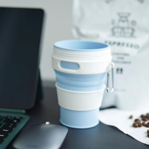 Silicone Collapsible Travel Mug Blue 15oz / 450ml - Leak-Proof Reusable Silicone Water Bottle for Hot and Cold Beverages - Travel Office and Home - Dishwasher Safe - Straw Included - color: Blue