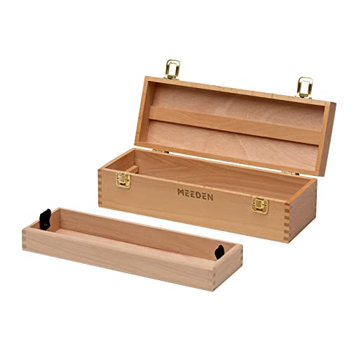 MEEDEN Medium Art Supply Storage Box - Multi-Function Solid Beech Wooden Chest/Art Tool Box with Lift Out Trays for Paint Brush, Pencil, Pastel, and More Art Supplies 14-1/5"W × 5-1/8"D × 4-1/3"H - size: Small