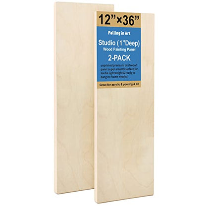 Falling in Art 2 Pack 12x36 Unfinished Birch Wood Panels Kit for Painting | Studio 1’’ Deep Wood Canvas, Cradle Boards for Acrylic Pouring, Art, Crafts, Epoxy Resin, Laser Engraving Cutting - size: 12'' x 36''