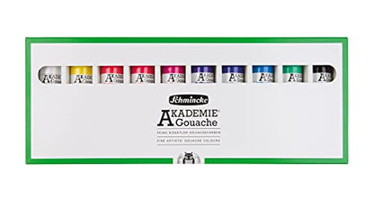 Schmincke - AKADEMIE® Gouache, 10 x 2,03 fl oz / 60 ml tubes, 72 210 097, 10 tubes of fine gouache, cardboard set, intense colors, high lightfastness - size: 20.3 Fl Oz (Pack of 1)