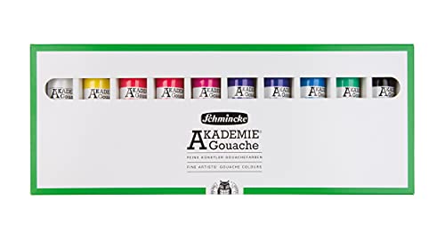 Schmincke - AKADEMIE® Gouache, 10 x 2,03 fl oz / 60 ml tubes, 72 210 097, 10 tubes of fine gouache, cardboard set, intense colors, high lightfastness - size: 20.3 Fl Oz (Pack of 1)