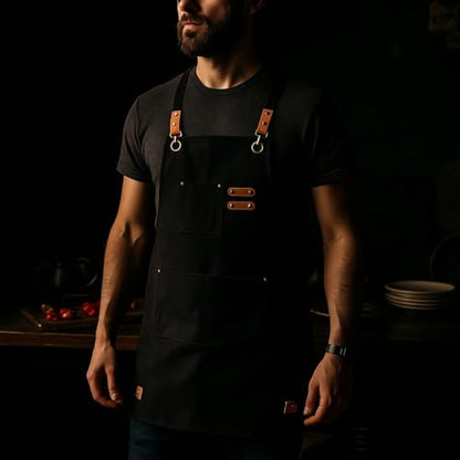 Chef Aprons for Men Canvas Apron with Large Pockets and Adjustable Neck Strap for Cooking,BBQ, Gardening - color: Black