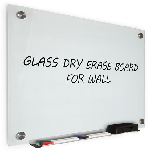 Real Glass Dry Erase Board, 18" x 24", Tempered Glass Surface, Frameless Wall Mount, with 4 Assorted Color Markers and Eraser, by Better Office Products (Bright White) - color: Bright White