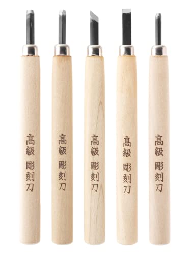 KAKURI Japanese Wood Carving Tools Set for Beginners (5 Pcs) Made in JAPAN, Wood Carving Knife for Woodblock Printing, Woodcut Printmaking, Linoleum Carving, Linocut - size: 5 Pcs