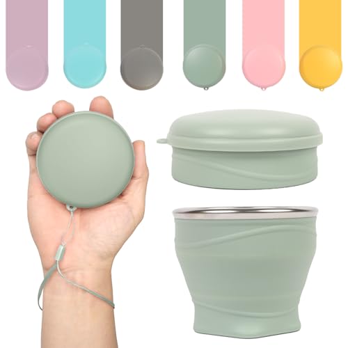 Collapsible Cup with Lid - 6oz Mini Silicone Folding Travel Cup with Steel Rim - BPA Free Small Portable Pocket Cup for Camping, Hiking, Kids, Mouthwash & Pills (Lake Green) - color: Lake Green