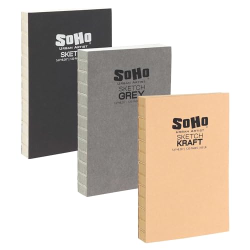 SoHo Urban Artist Open Bound Sketch Pads - Open Coptic Bound Sketch Pads for Drawing, Calligraphy, Any Dry Media, & More - [Grey, White, & Kraft - 5.6x8.26-3 Pack] - color: Grey, White, & Kraft, size: 5.6x8.26" - 3 Pack