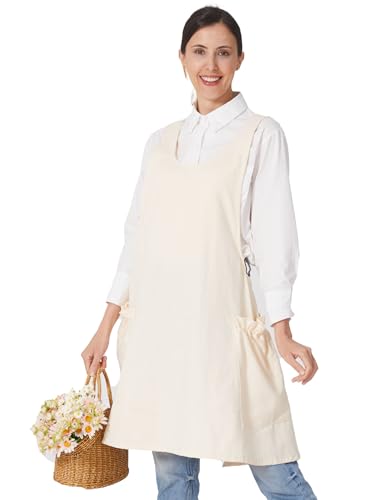 Cozy Adjustable Cross Back Aprons for Women with Pockets Cotton Linen Cooking Kitchen Baking - color: Creamy White