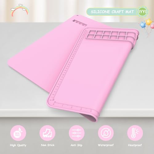 IYYI Silicone Painting Mat, Paint Mat with Cup and Palette, 20"X16" Siliocne Pad for Crafts, Resin, Clay, Kids Art Pad with Raised Edge (Pink) - color: Pink