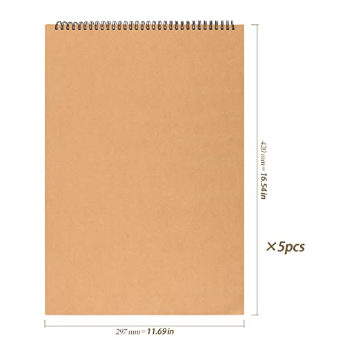 HEIHAK 5 Pack A3 16.5 x 11.6 Inch Sketch Notebooks, 60 Pages 30 Sheets Top Spiral Bound Pocket Sketchbooks, Spiral Notepads Sketch Pads Bulk for Kids Drawing, Sketching, Painting, Writing - size: A3 60 Pages 5 PCS