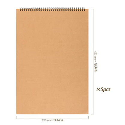 HEIHAK 5 Pack A3 16.5 x 11.6 Inch Sketch Notebooks, 60 Pages 30 Sheets Top Spiral Bound Pocket Sketchbooks, Spiral Notepads Sketch Pads Bulk for Kids Drawing, Sketching, Painting, Writing - size: A3 60 Pages 5 PCS