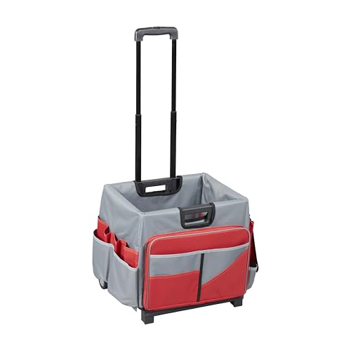 ECR4Kids Universal Rolling Cart with Canvas Organizer Bag, Mobile Storage, Red/Grey | Durable plastic, 30 compartments, adjustable handle, 40 lb capacity, collapses to 3" thick, rolling wheels for easy transport - color: Red/Grey