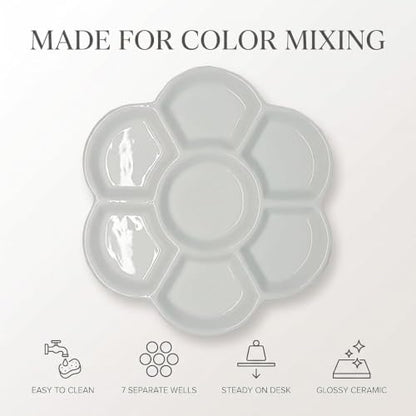 2Pcs White Porcelain Watercolor Palette - Washable Ceramic Paint Tray with Non-Stick Surface | Professional Artist-Grade Mixing Palette for Studio and Outdoor Painting