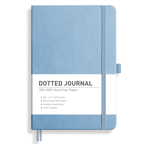 RETTACY Dotted Journal Notebook, 192 Pages, A5 Medium Size (5.7'' x 8.3'') | Leather Hardcover, 100 GSM Thick Paper, for Journaling, Planning, Tracking (Light Blue) - color: Light Blue, style: Dotted
